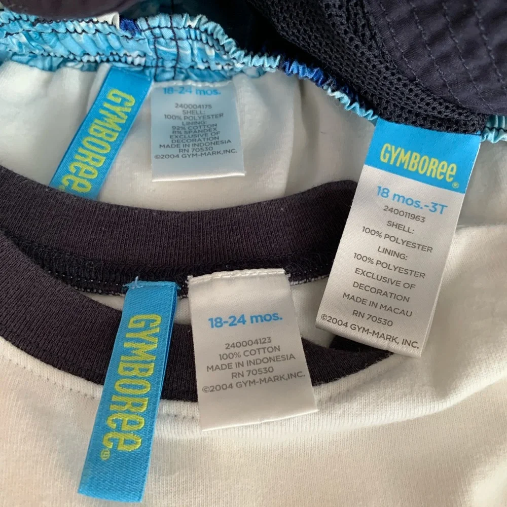 Gymboree 3 PC Swimsuit Set Baby Boys Size 18-24M Blue Trunks Shirt Hat Shark
